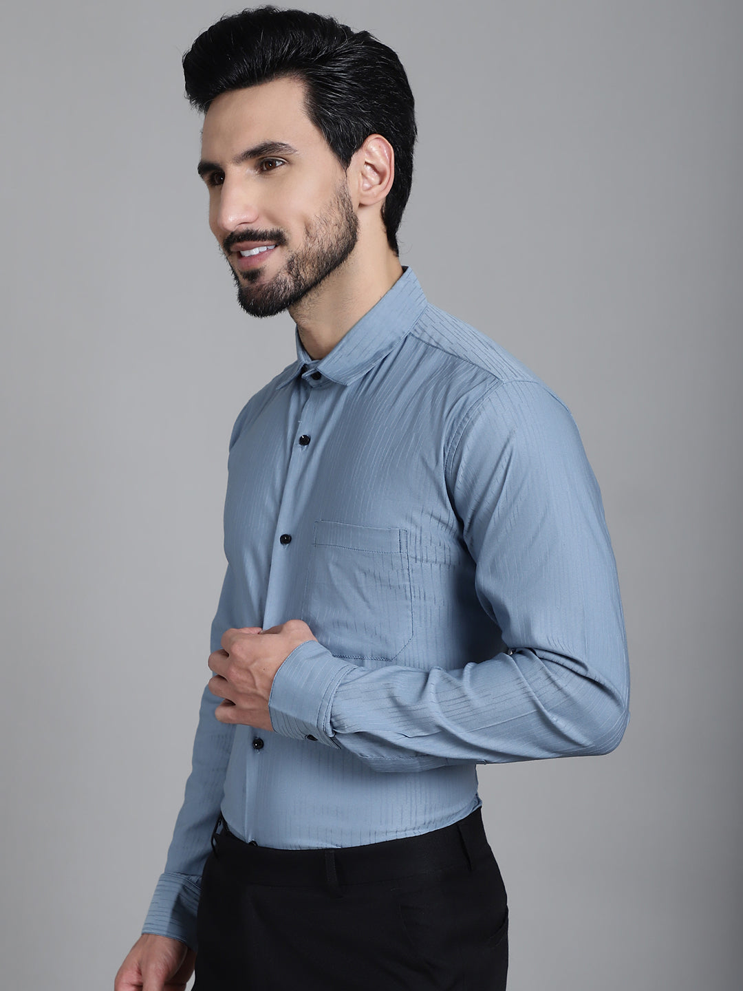 Indian Needle Men's Woven Design Formal Shirt - Grey | Swadesiicart