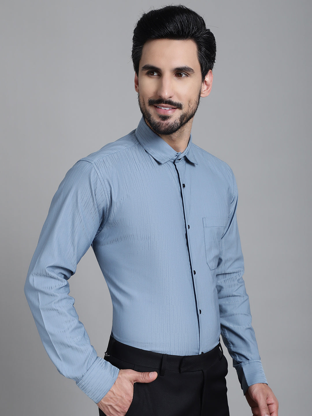 Indian Needle Men's Woven Design Formal Shirt - Grey | Swadesiicart