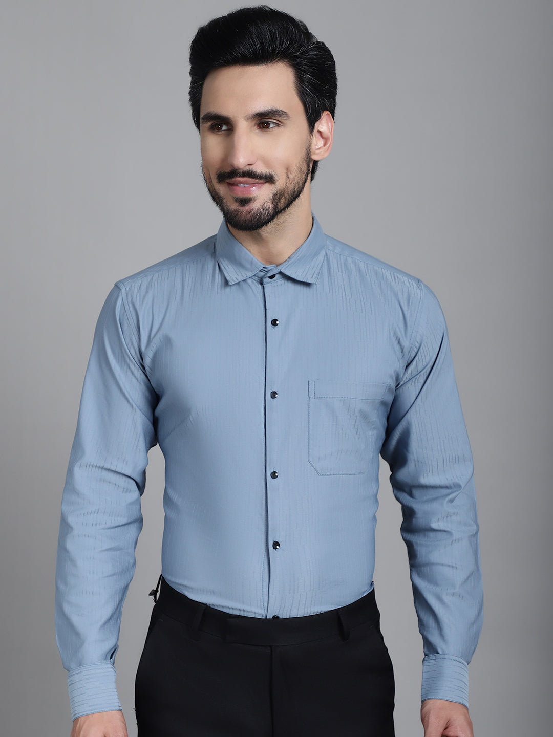 Indian Needle Men's Woven Design Formal Shirt - Grey | Swadesiicart