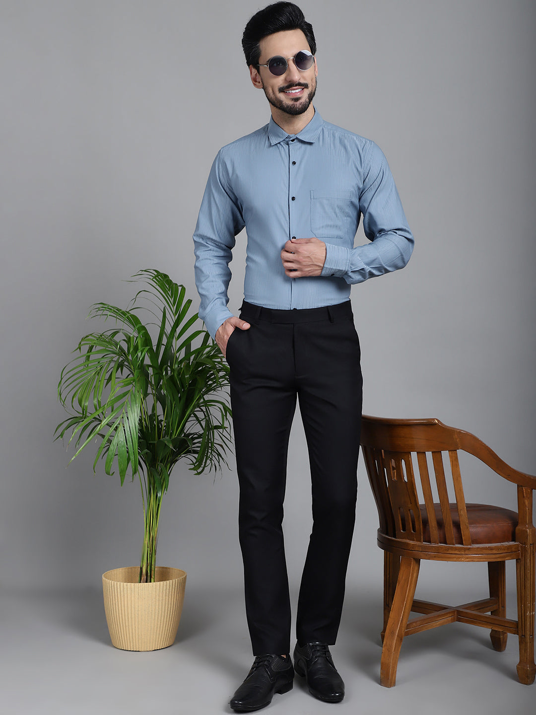 Indian Needle Men's Woven Design Formal Shirt - Grey | Swadesiicart