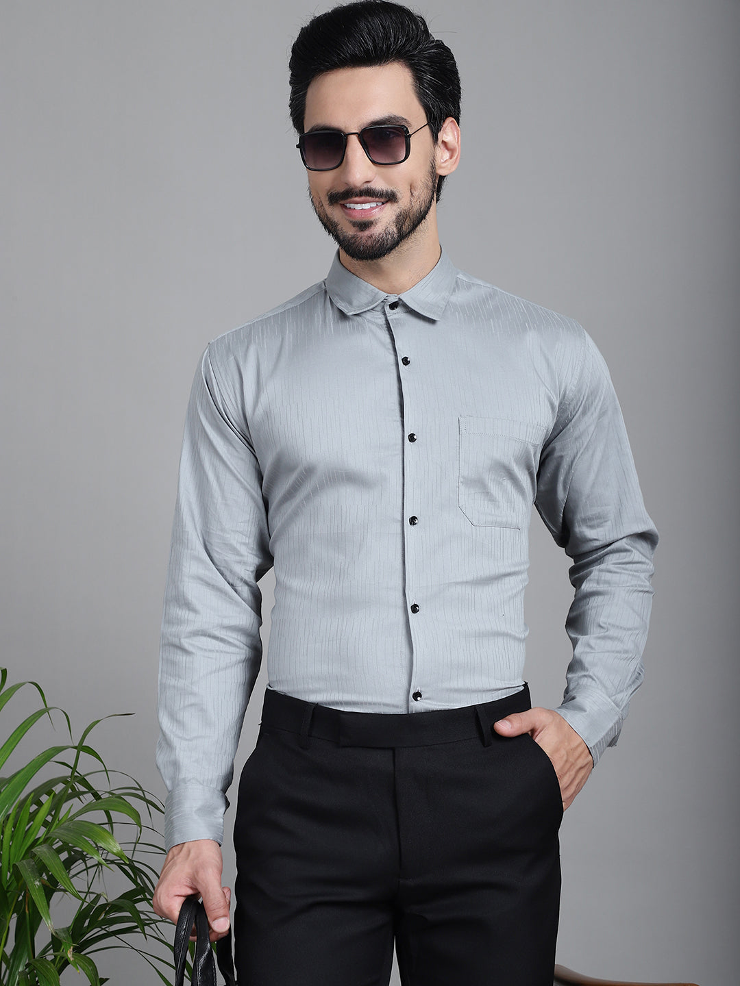 Indian Needle Men's Woven Design Formal Shirt - Steel-Grey | Swadesiicart
