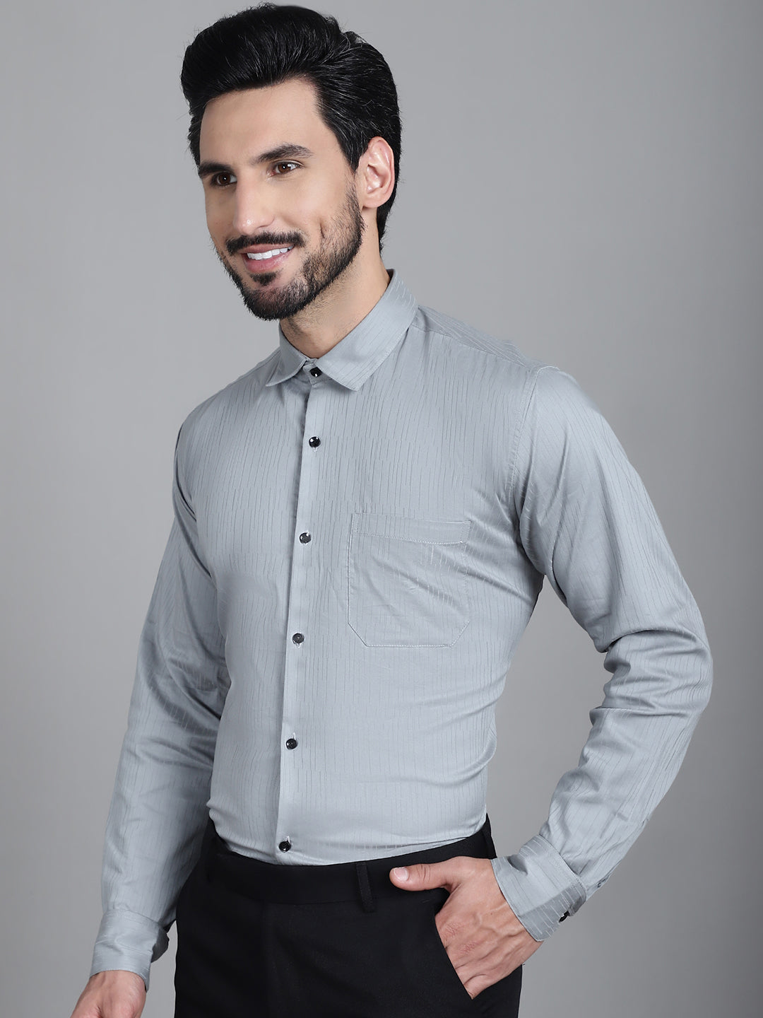 Indian Needle Men's Woven Design Formal Shirt - Steel-Grey | Swadesiicart