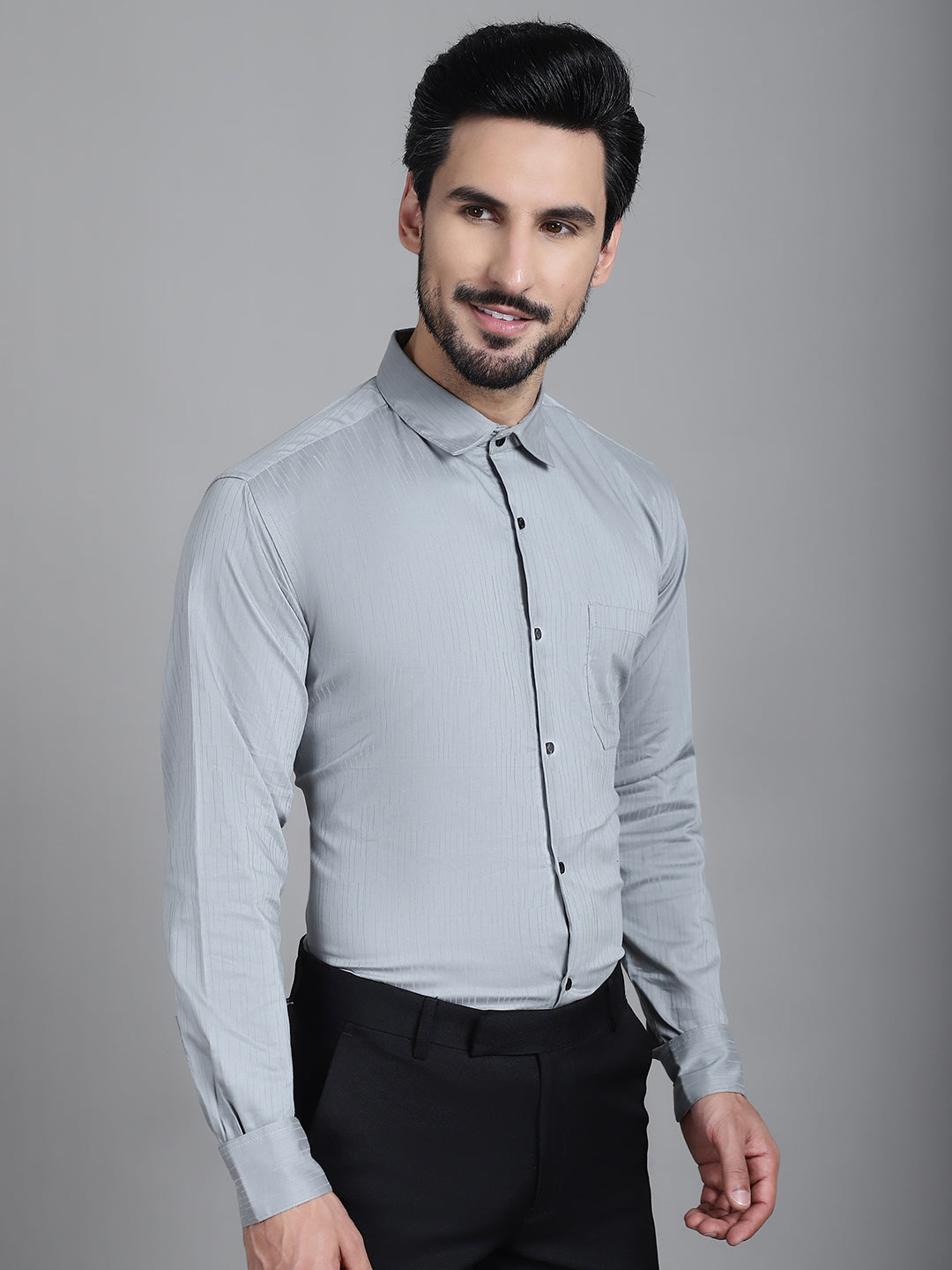 Indian Needle Men's Woven Design Formal Shirt - Steel-Grey | Swadesiicart