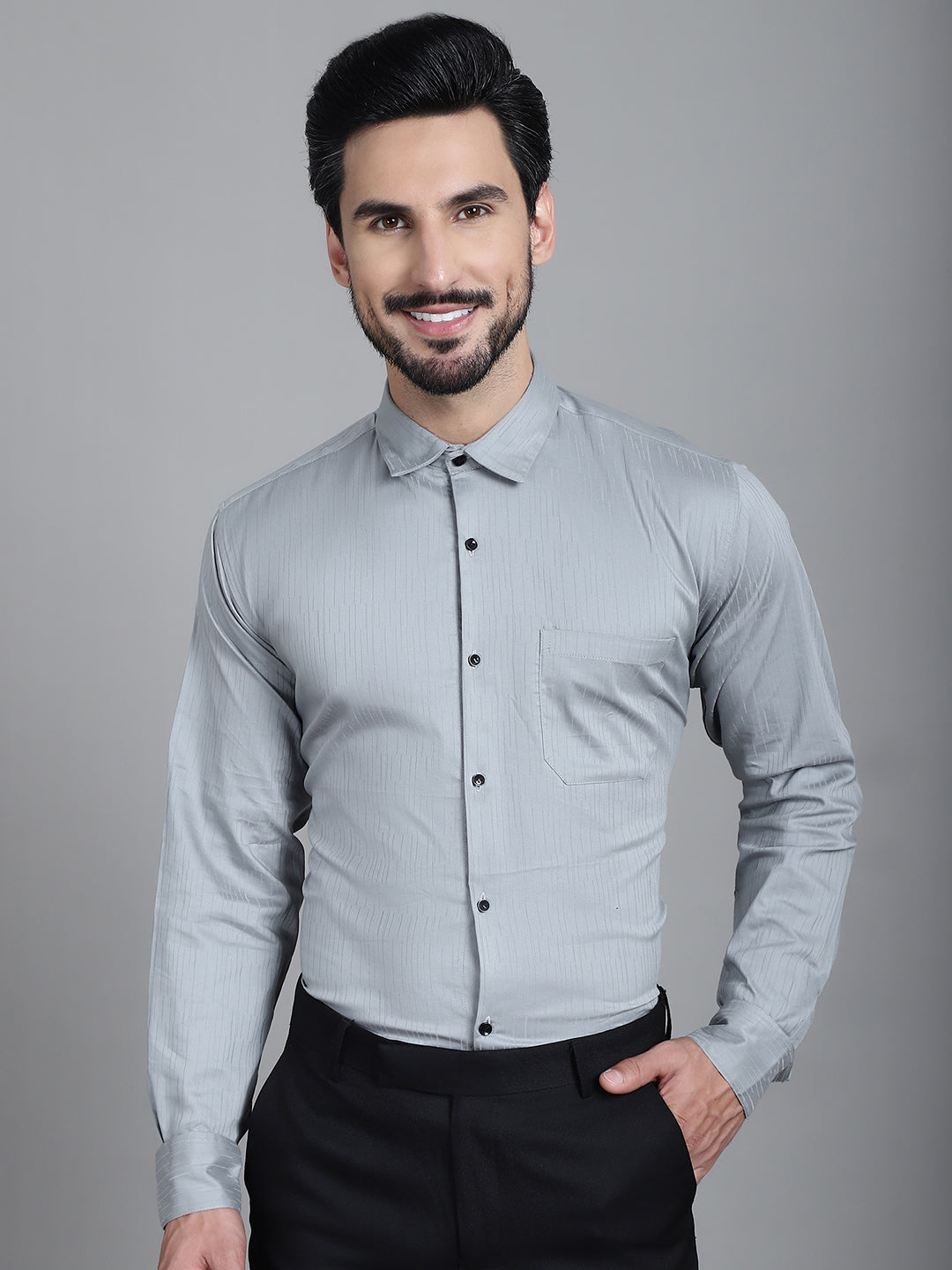 Indian Needle Men's Woven Design Formal Shirt - Steel-Grey | Swadesiicart