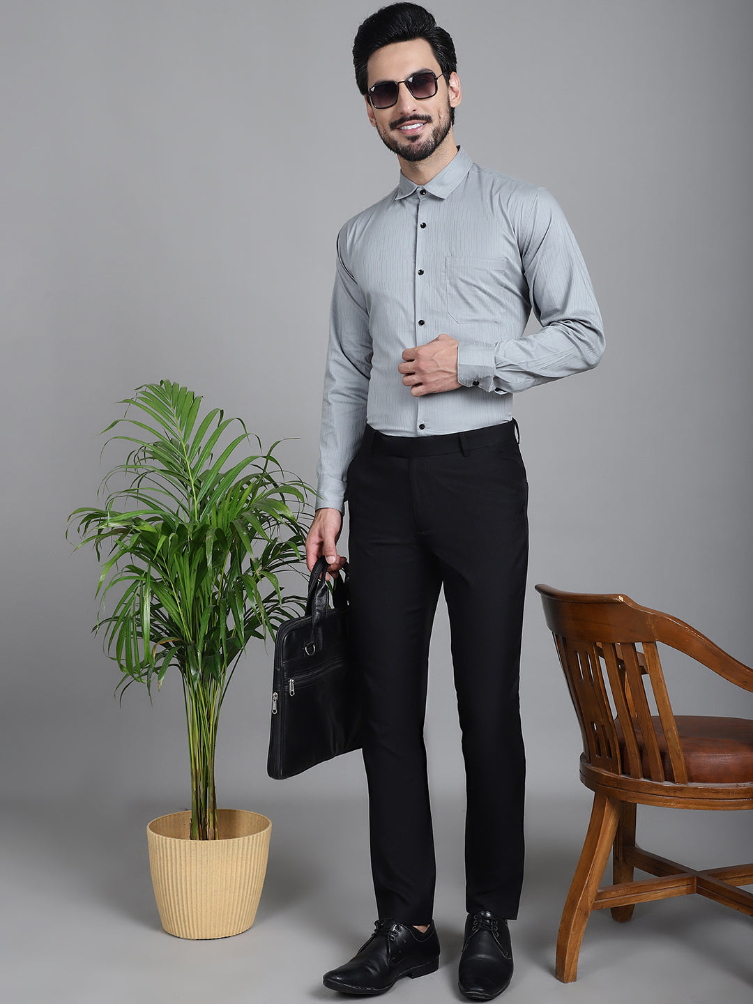 Indian Needle Men's Woven Design Formal Shirt - Steel-Grey | Swadesiicart