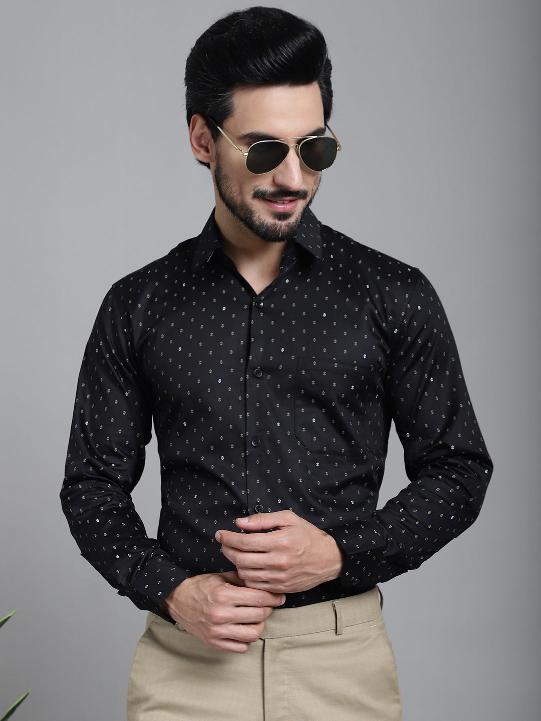 Indian Needle Men's Printed Formal Shirt - Black | Swadesiicart