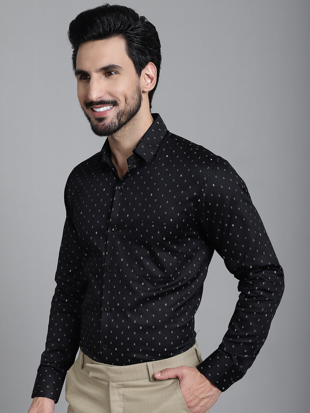 Indian Needle Men's Printed Formal Shirt - Black | Swadesiicart