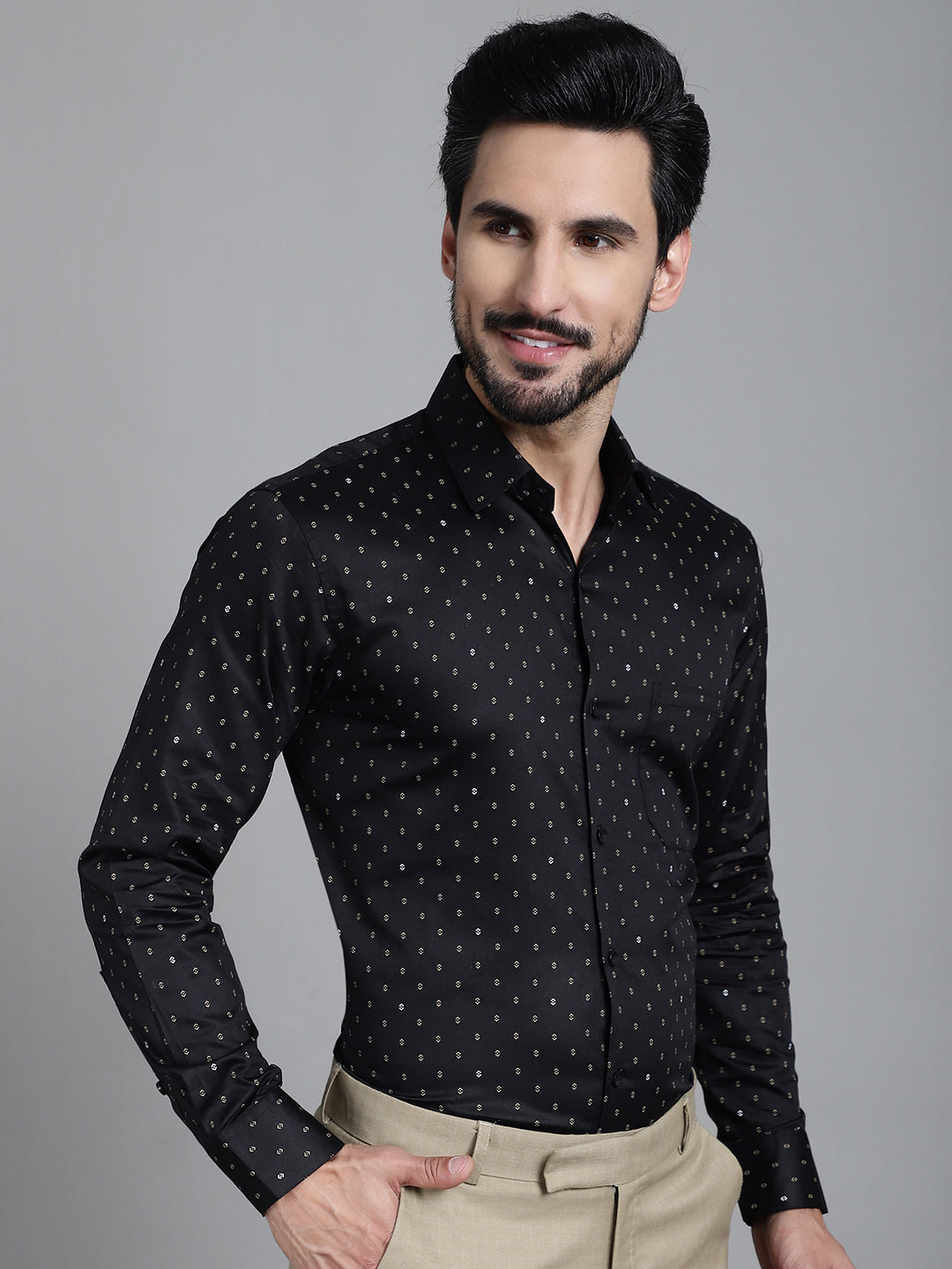 Indian Needle Men's Printed Formal Shirt - Black | Swadesiicart