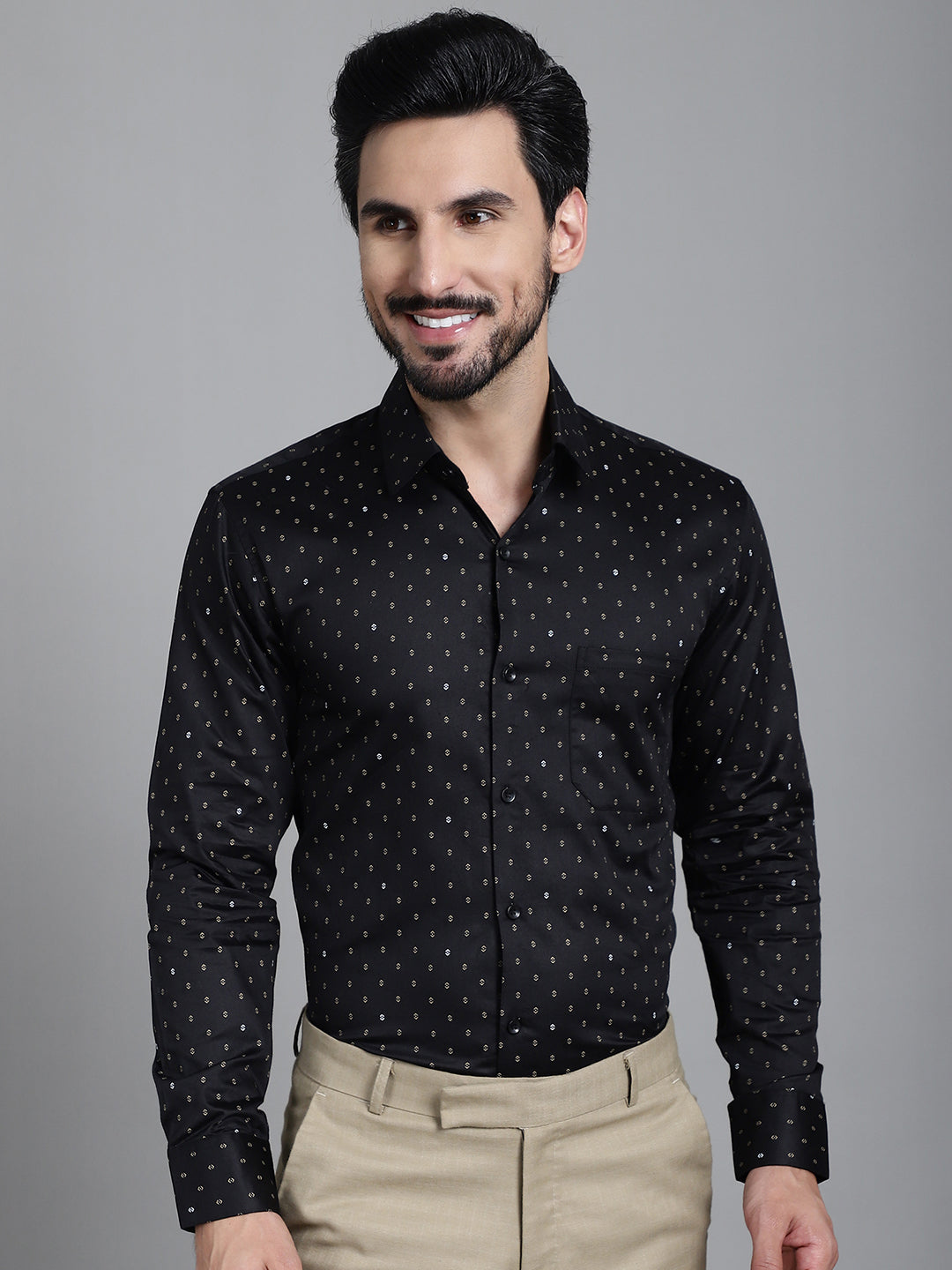 Indian Needle Men's Printed Formal Shirt - Black | Swadesiicart
