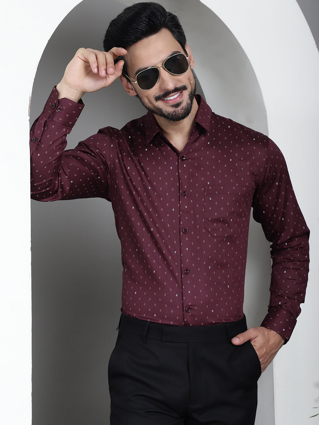 Indian Needle Men's Printed Formal Shirt - Maroon | Swadesiicart