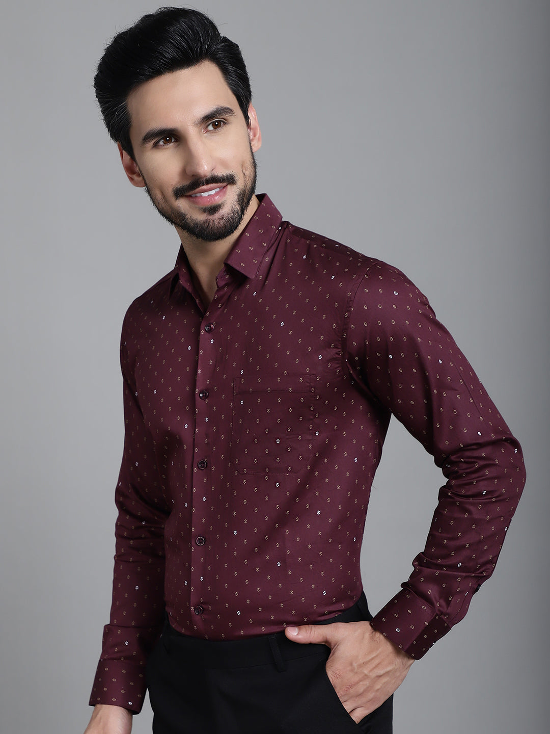 Indian Needle Men's Printed Formal Shirt - Maroon | Swadesiicart