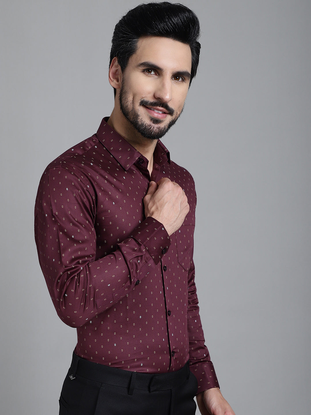 Indian Needle Men's Printed Formal Shirt - Maroon | Swadesiicart