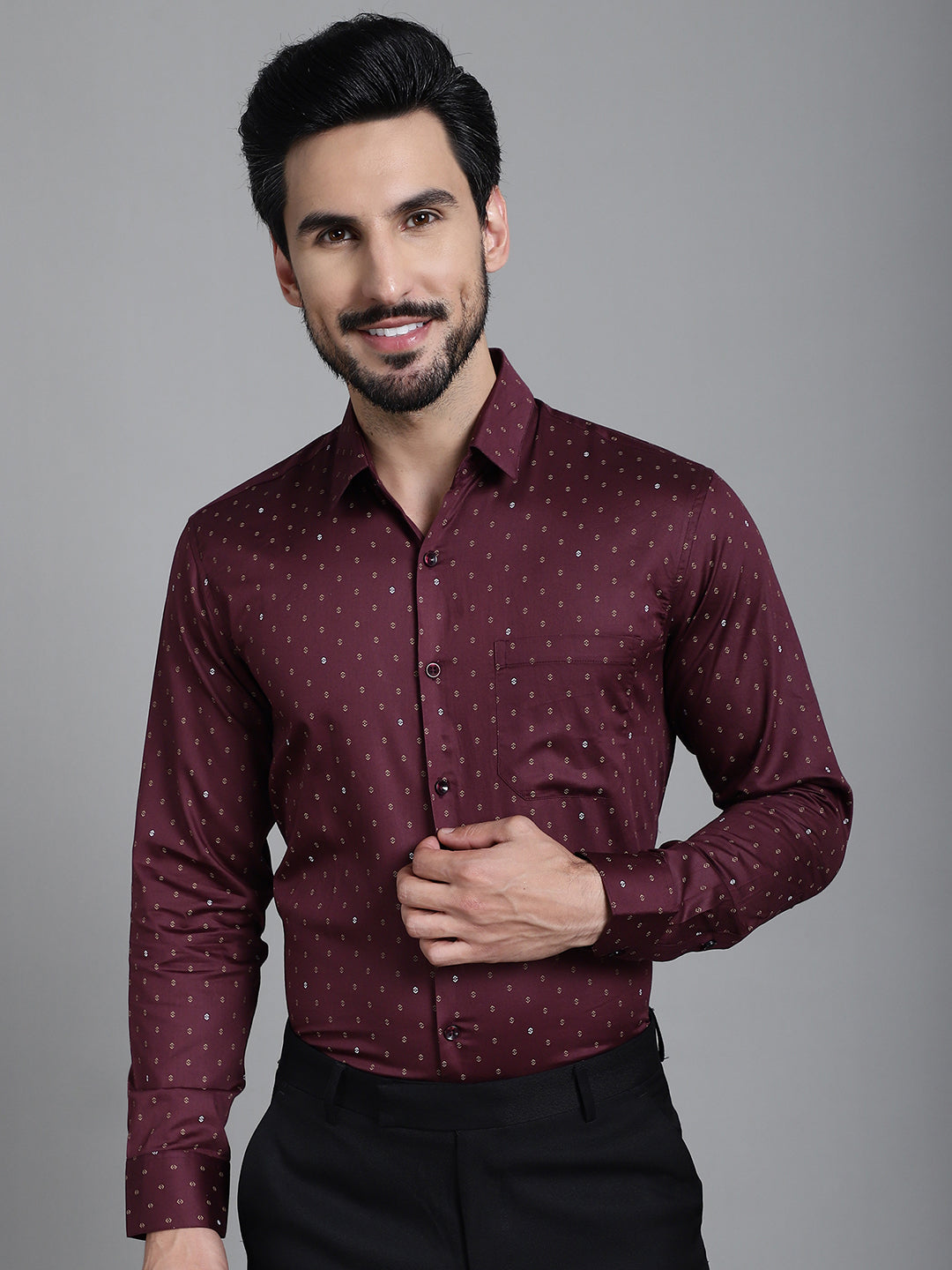 Indian Needle Men's Printed Formal Shirt - Maroon | Swadesiicart