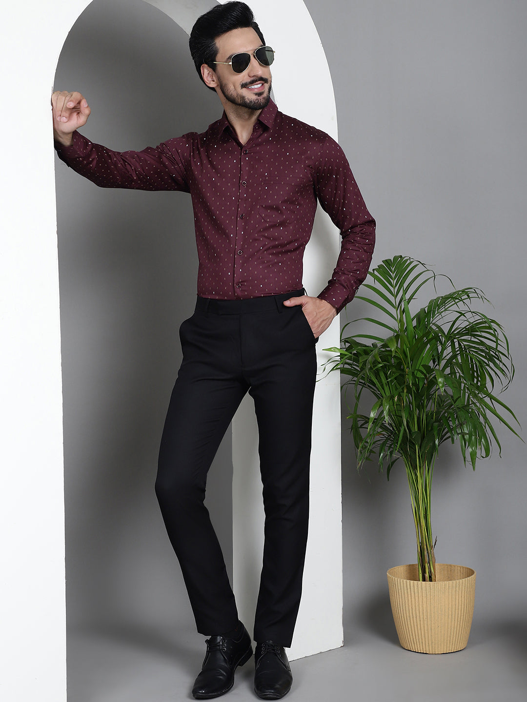 Indian Needle Men's Printed Formal Shirt - Maroon | Swadesiicart