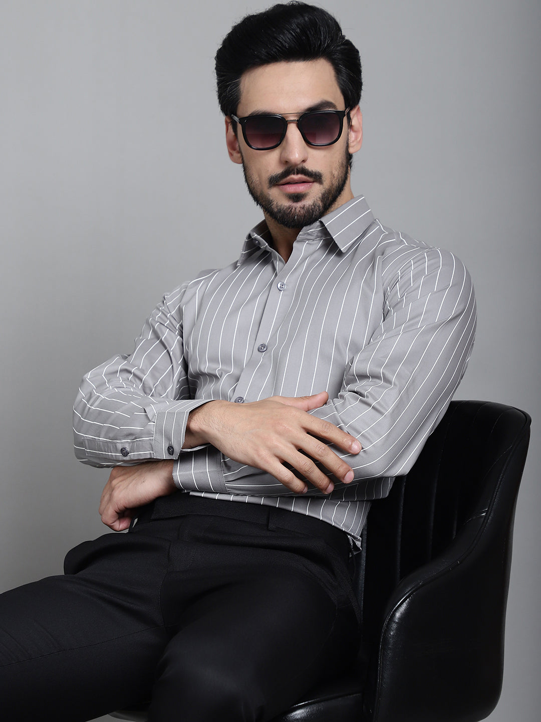 Indian Needle Men's Striped Formal Shirt - Grey | Swadesiicart