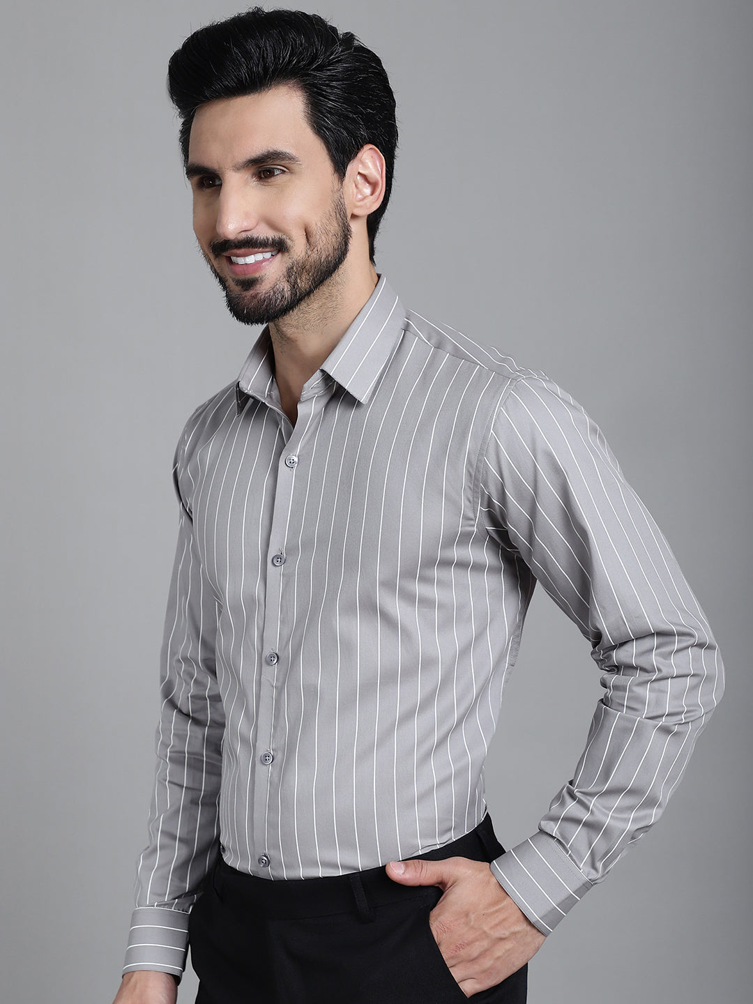 Indian Needle Men's Striped Formal Shirt - Grey | Swadesiicart