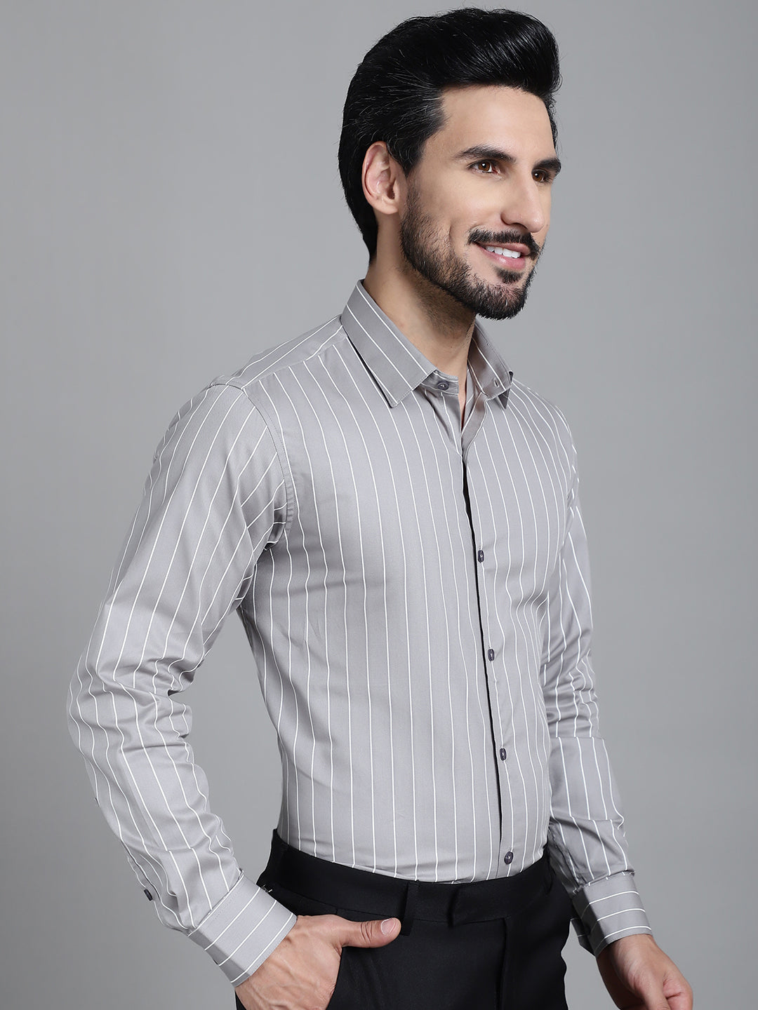 Indian Needle Men's Striped Formal Shirt - Grey | Swadesiicart