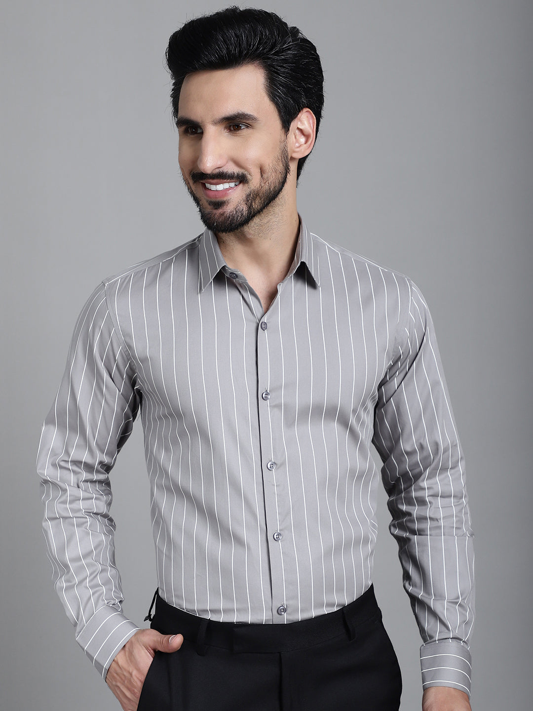 Indian Needle Men's Striped Formal Shirt - Grey | Swadesiicart