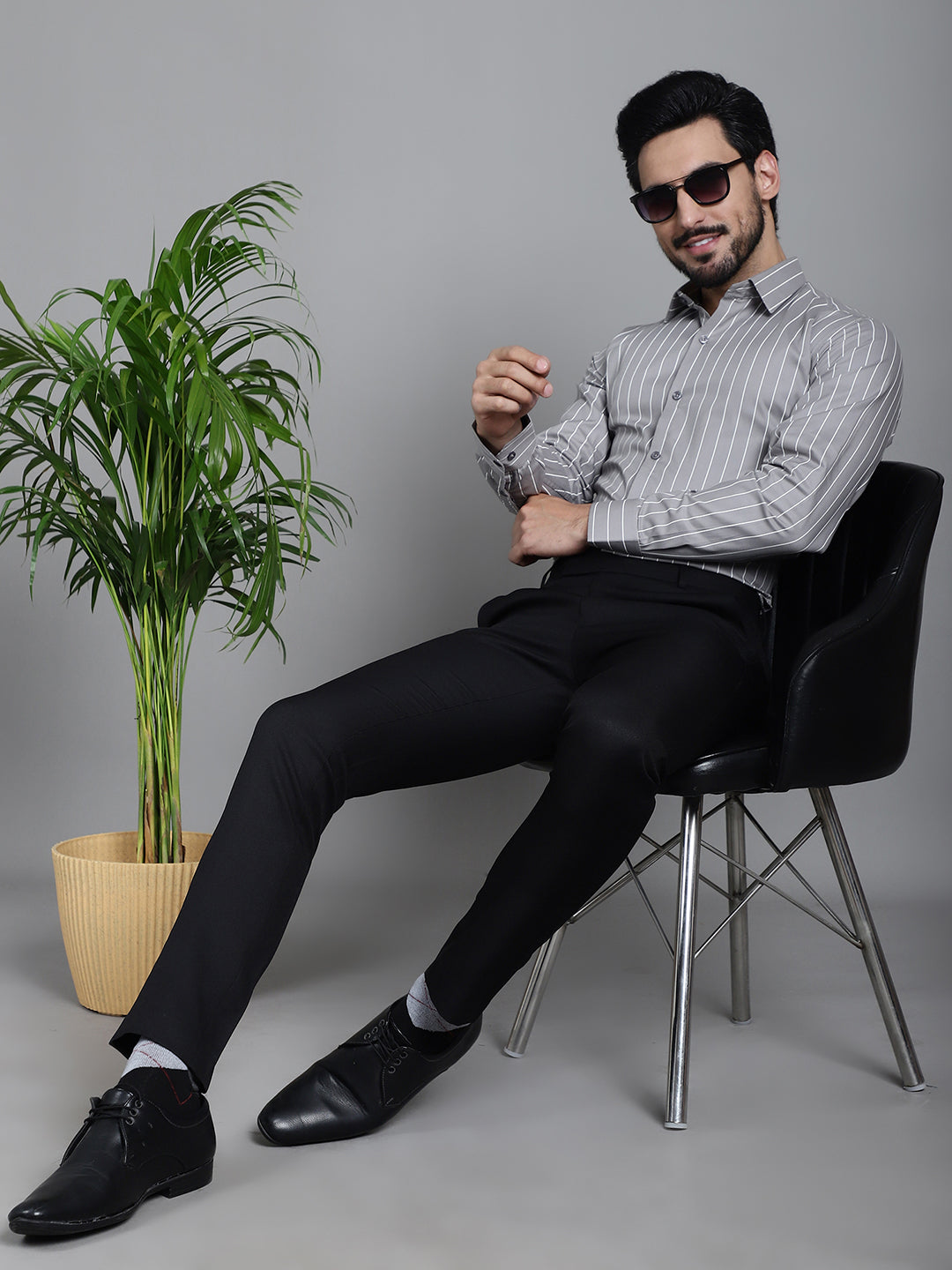 Indian Needle Men's Striped Formal Shirt - Grey | Swadesiicart