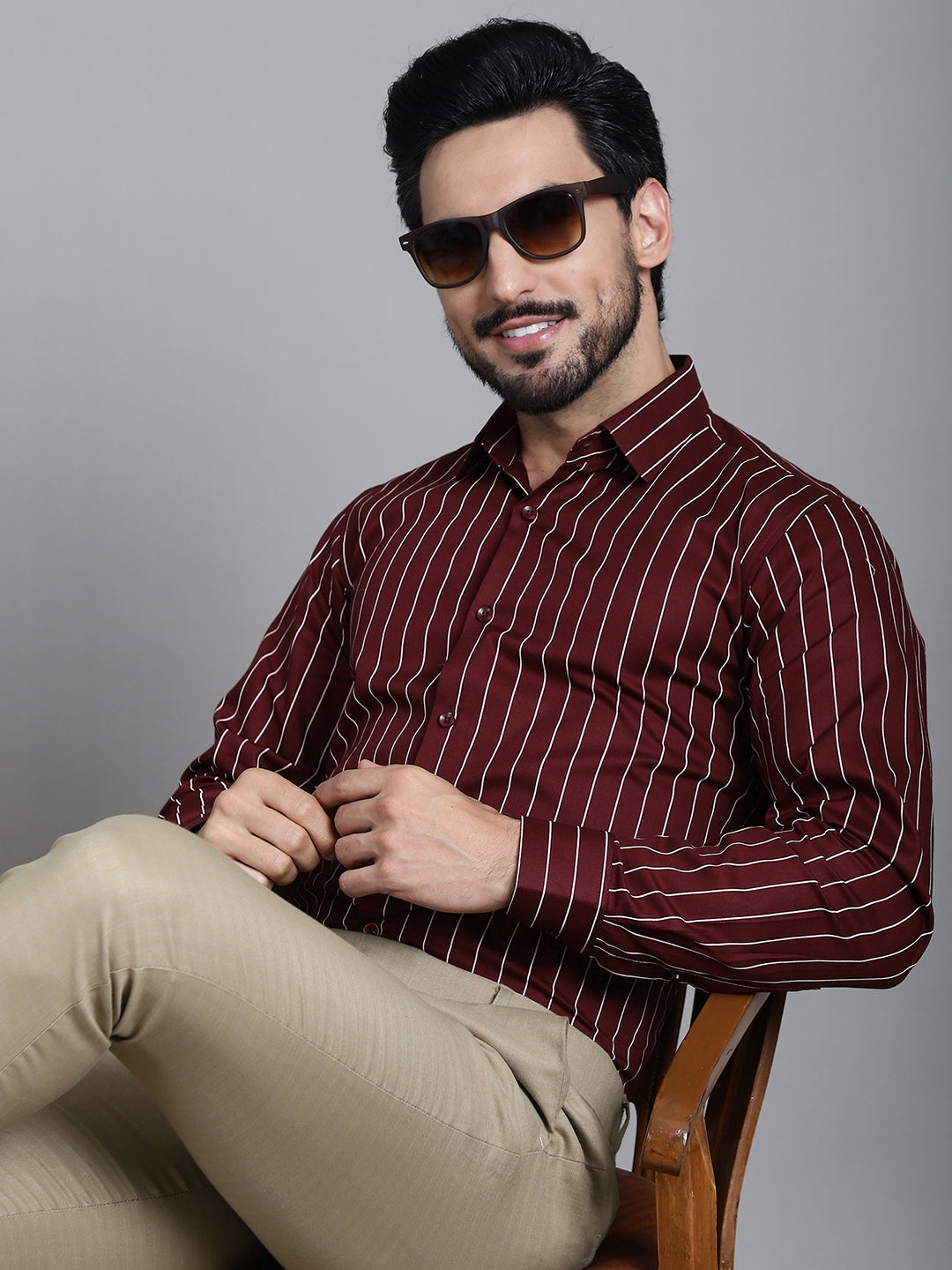 Indian Needle Men's Striped Formal Shirt - Maroon | Swadesiicart