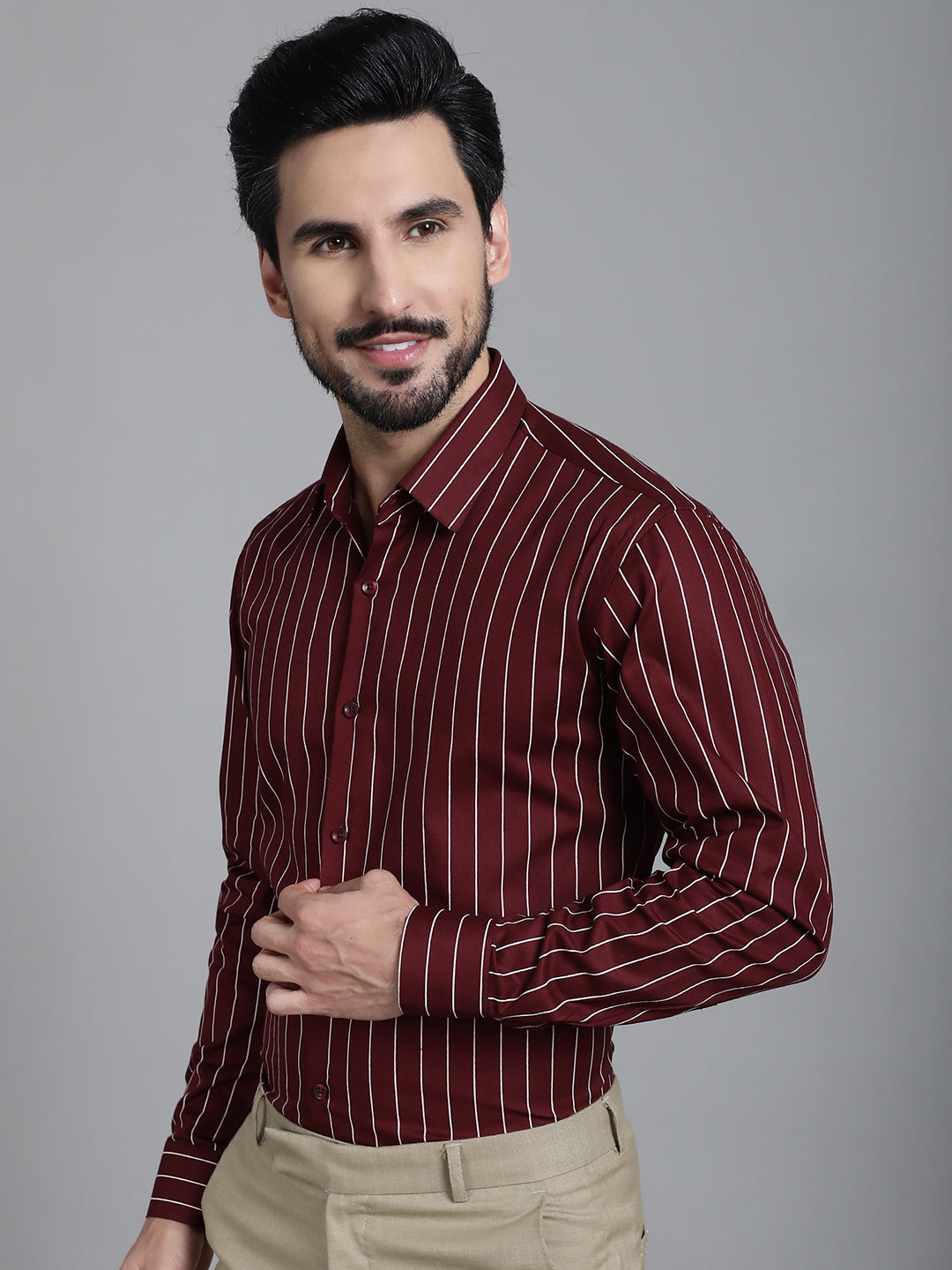Indian Needle Men's Striped Formal Shirt - Maroon | Swadesiicart