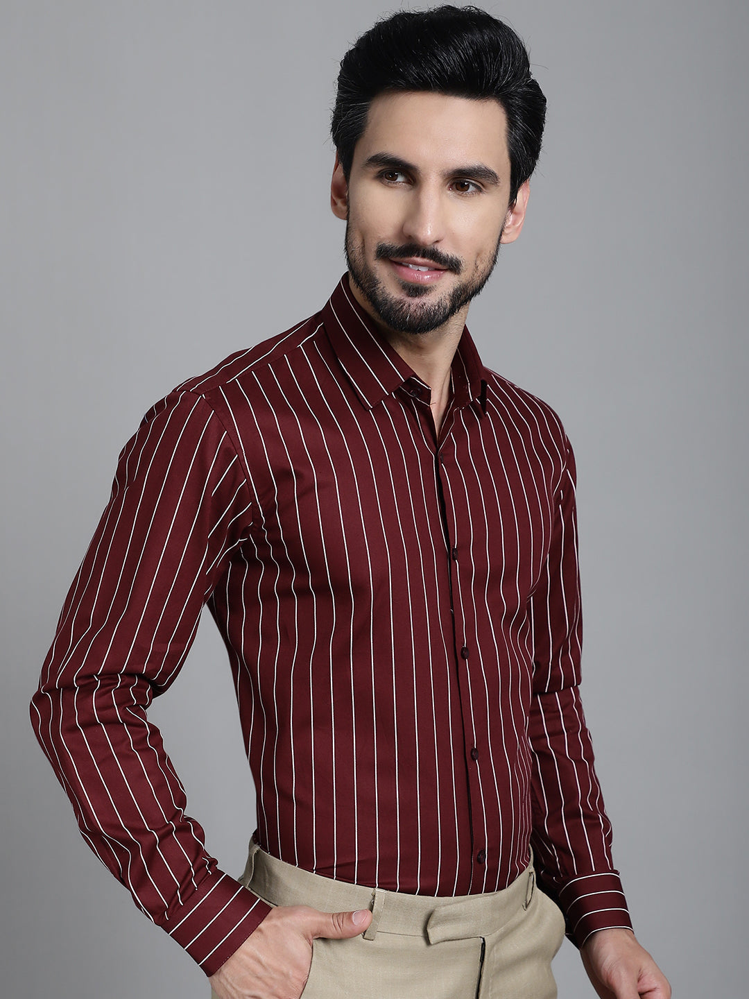 Indian Needle Men's Striped Formal Shirt - Maroon | Swadesiicart