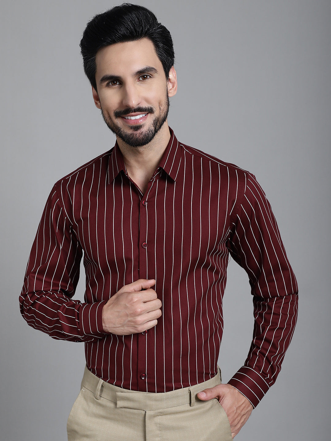 Indian Needle Men's Striped Formal Shirt - Maroon | Swadesiicart