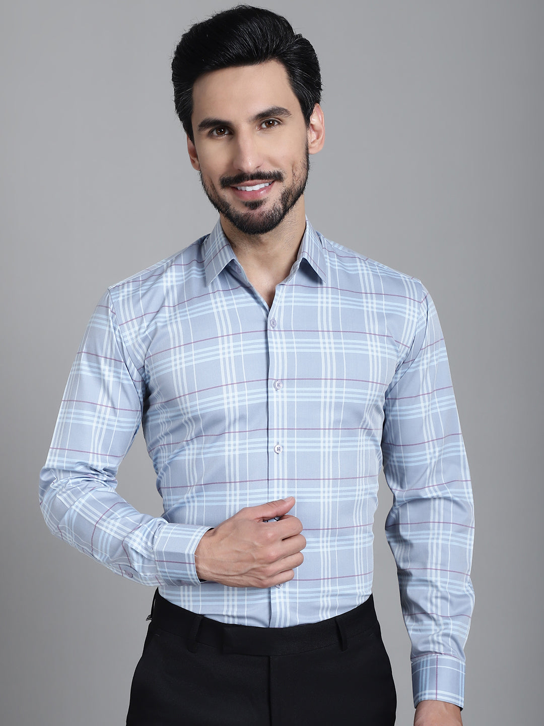 Indian Needle Men's Checked Formal Shirt - Blue | Swadesiicart