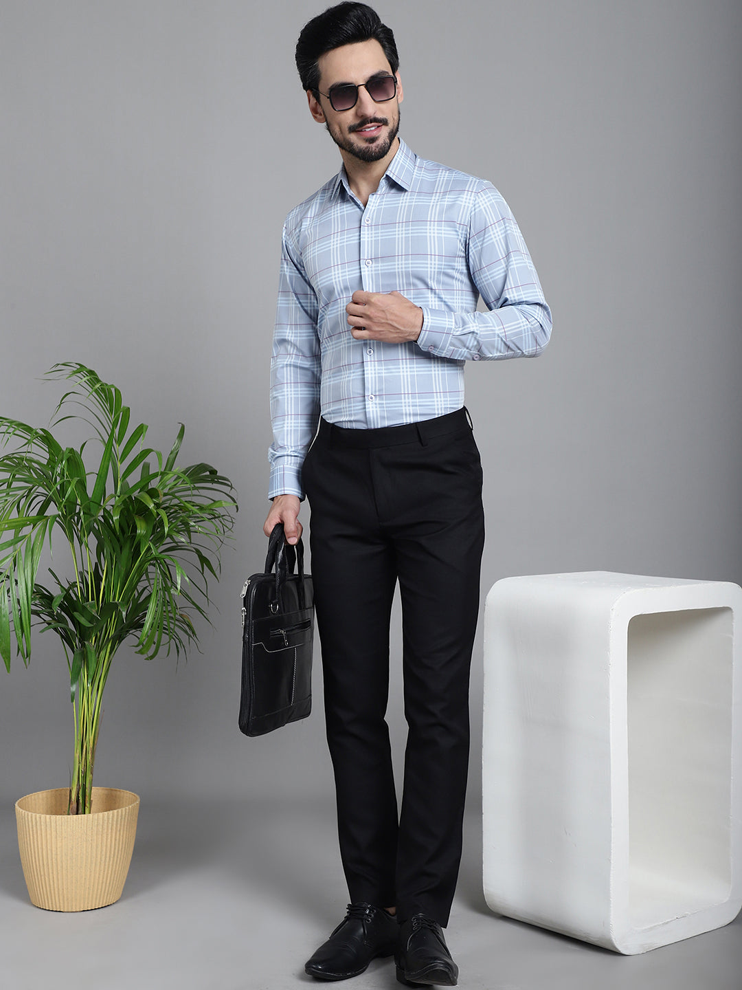 Indian Needle Men's Checked Formal Shirt - Blue | Swadesiicart
