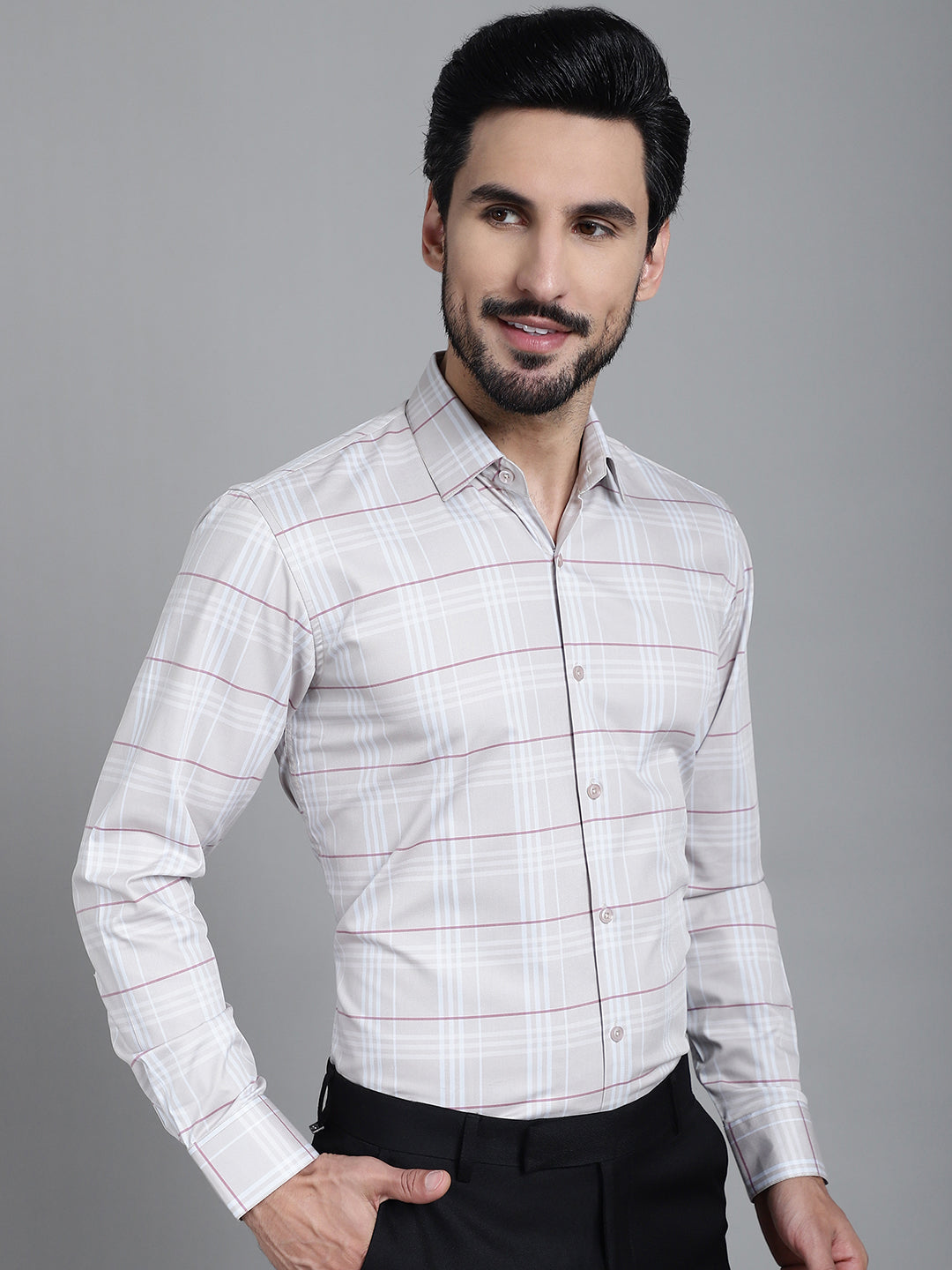Indian Needle Men's Checked Formal Shirt - Cream | Swadesiicart