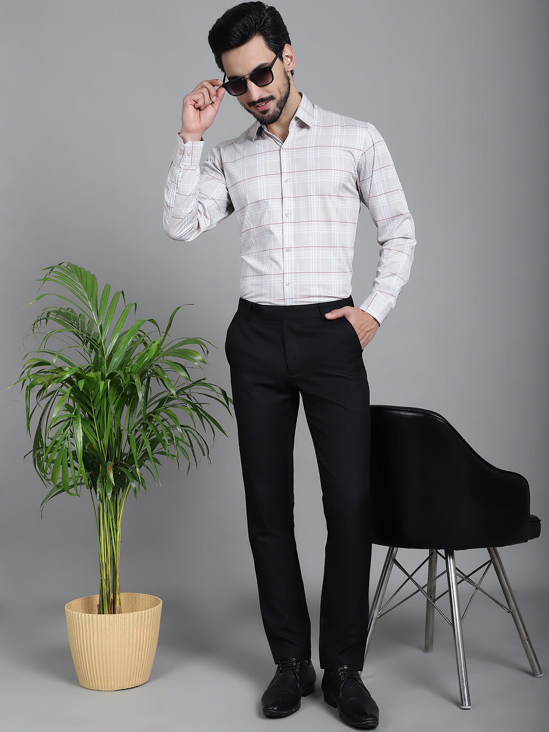 Indian Needle Men's Checked Formal Shirt - Cream | Swadesiicart