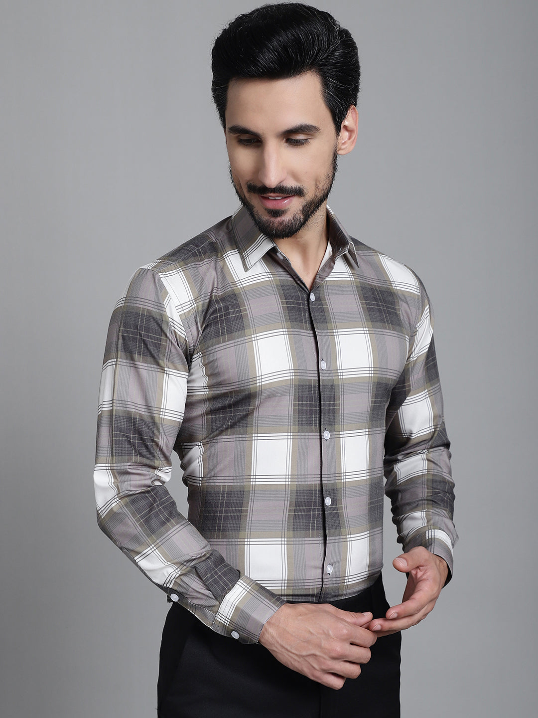 Indian Needle Men's Checked Formal Shirt - Brown | Swadesiicart