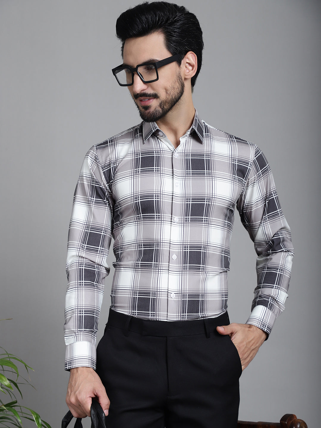 Indian Needle Men's Checked Formal Shirt - Grey | Swadesiicart