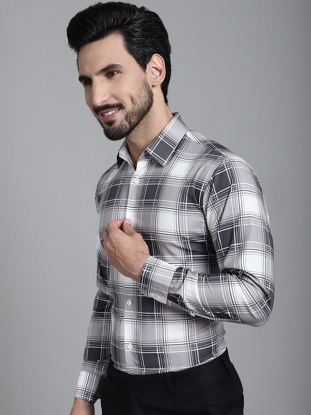 Indian Needle Men's Checked Formal Shirt - Grey | Swadesiicart