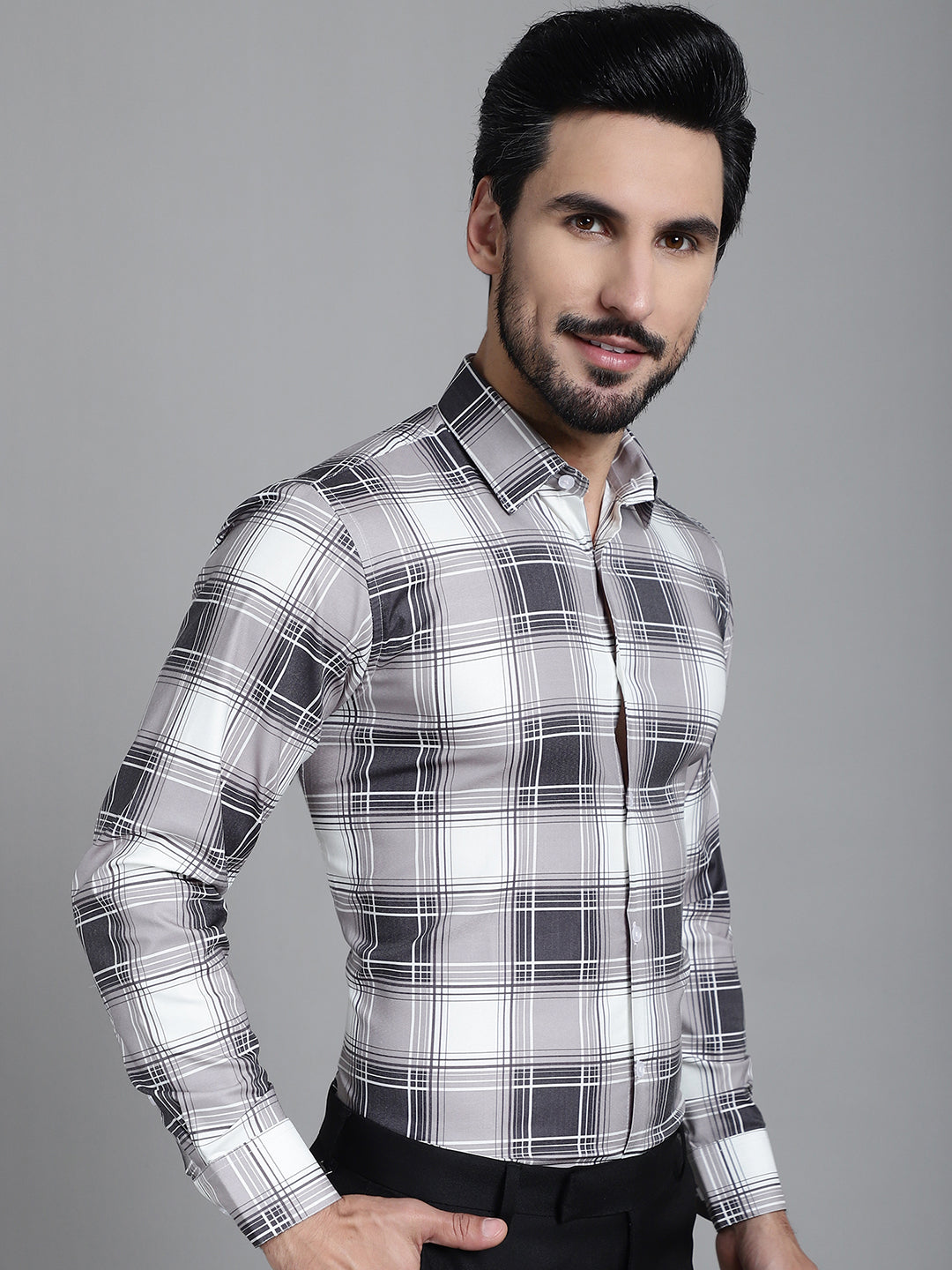Indian Needle Men's Checked Formal Shirt - Grey | Swadesiicart