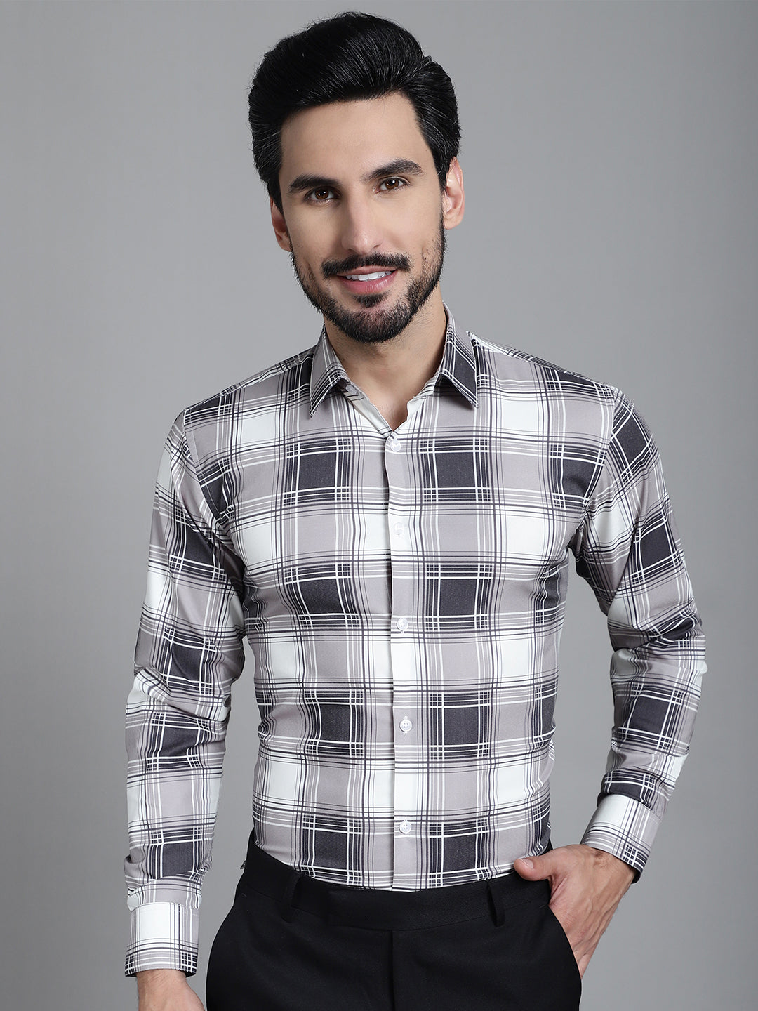Indian Needle Men's Checked Formal Shirt - Grey | Swadesiicart