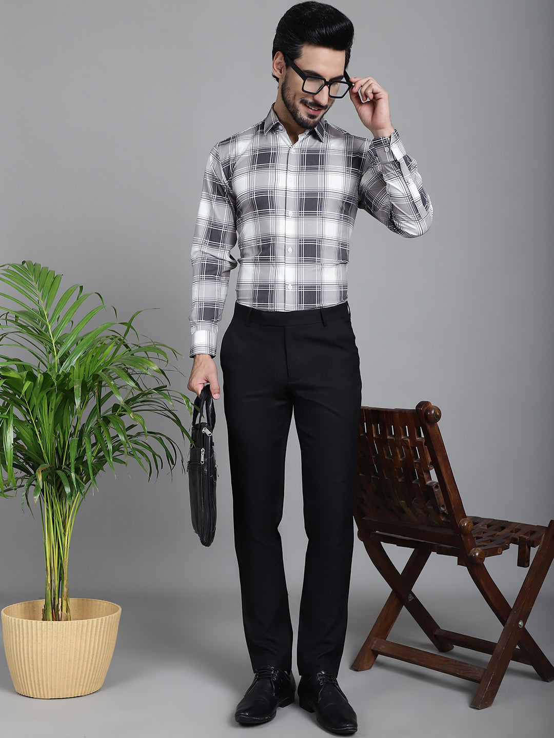 Indian Needle Men's Checked Formal Shirt - Grey | Swadesiicart