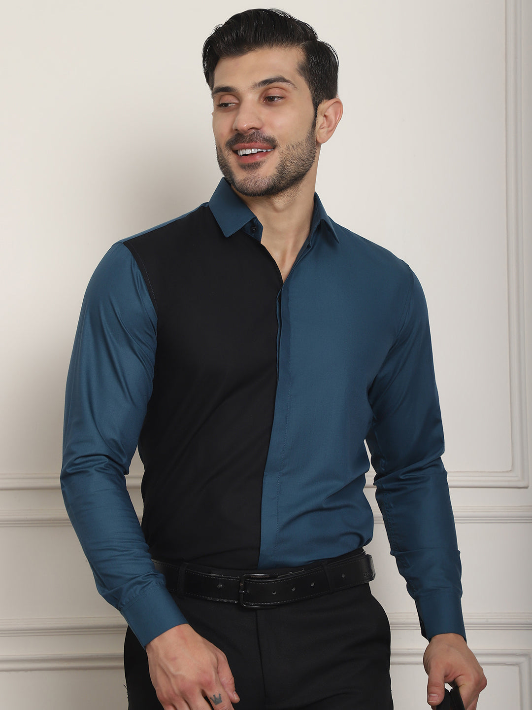 Indian Needle Men's Premium Cotton Satin Formal Shirt - Peacock | Swadesiicart