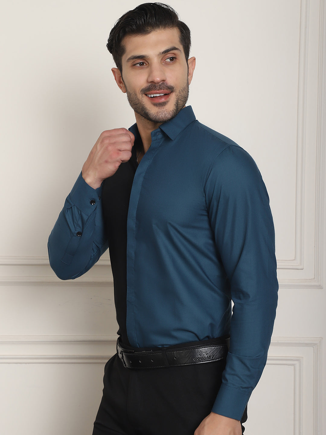 Indian Needle Men's Premium Cotton Satin Formal Shirt - Peacock | Swadesiicart