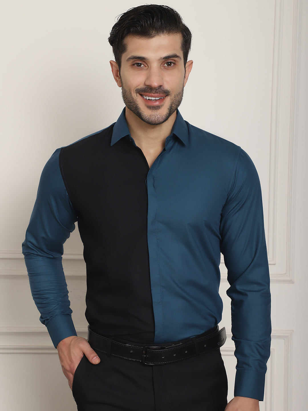 Indian Needle Men's Premium Cotton Satin Formal Shirt - Peacock | Swadesiicart