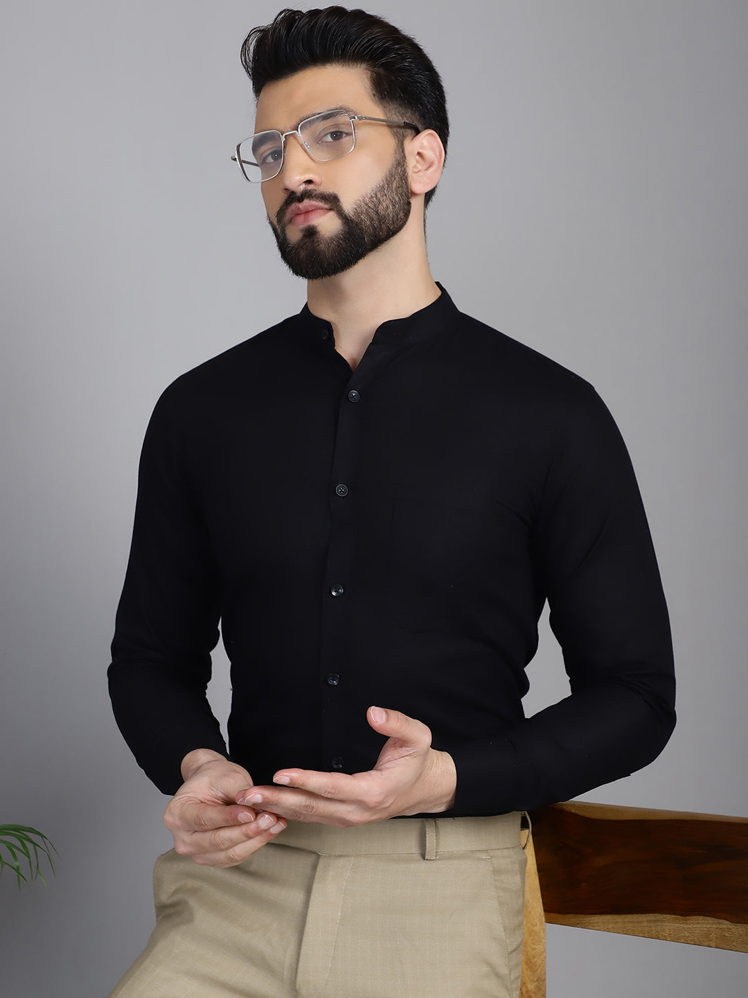 Indian Needle Men's Cotton Solid Formal Shirt - Black | Swadesiicart