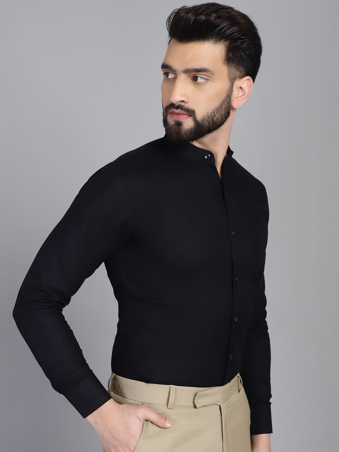 Indian Needle Men's Cotton Solid Formal Shirt - Black | Swadesiicart
