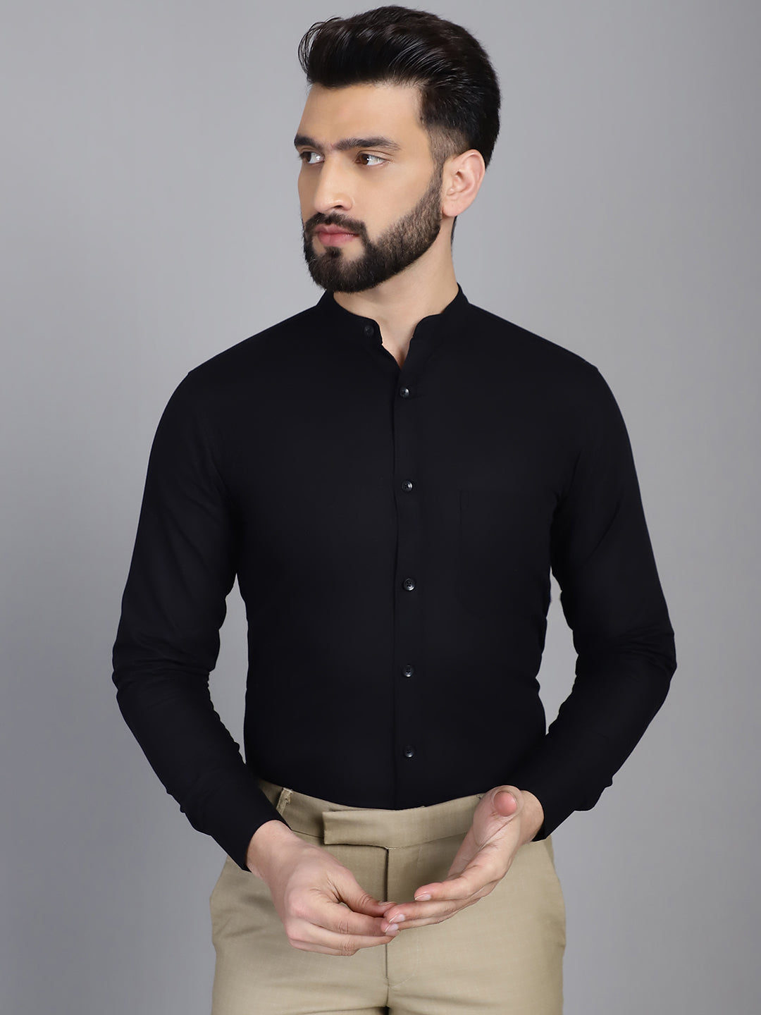 Indian Needle Men's Cotton Solid Formal Shirt - Black | Swadesiicart