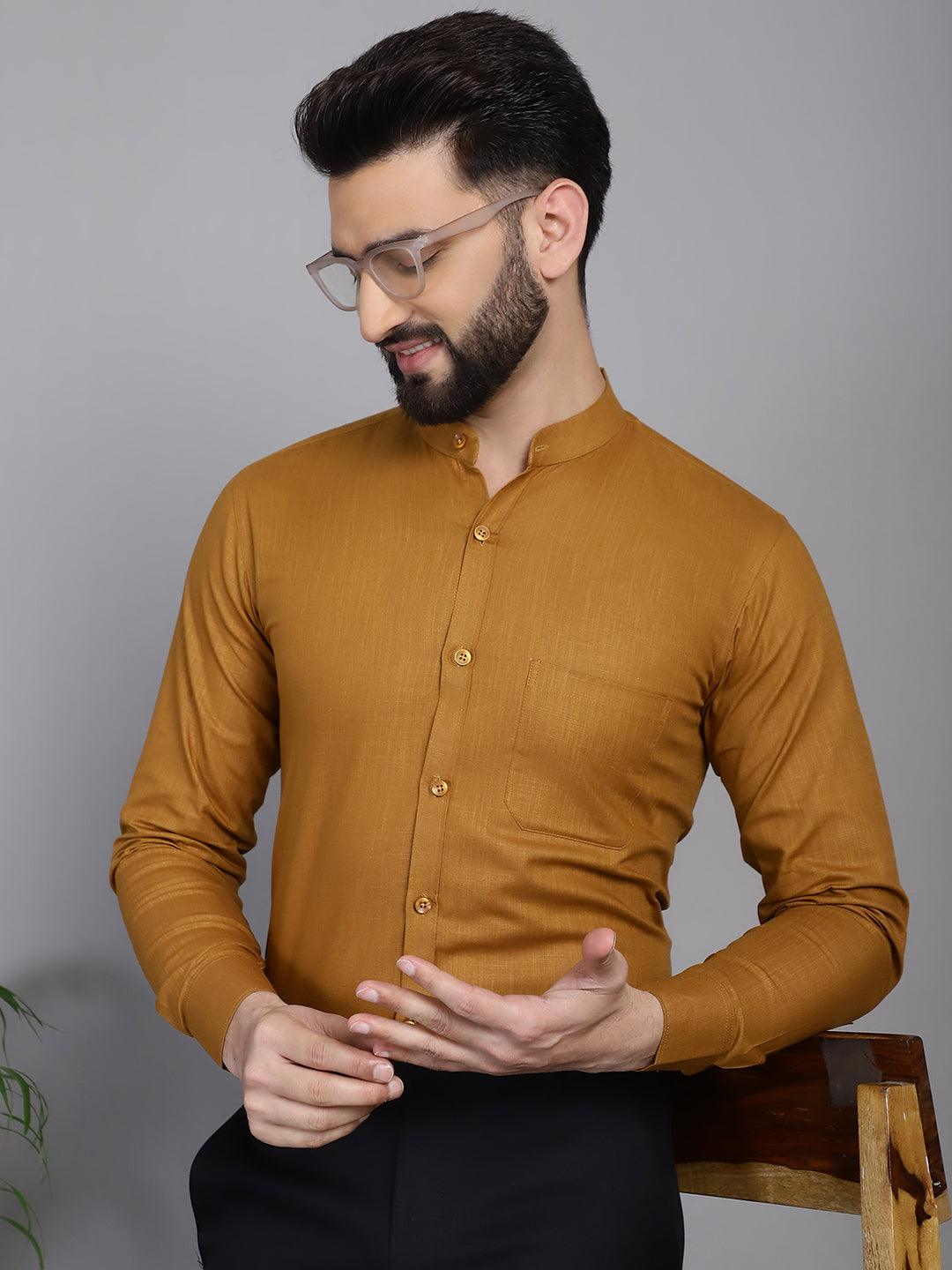 Indian Needle Men's Cotton Solid Formal Shirt - Mustard | Swadesiicart