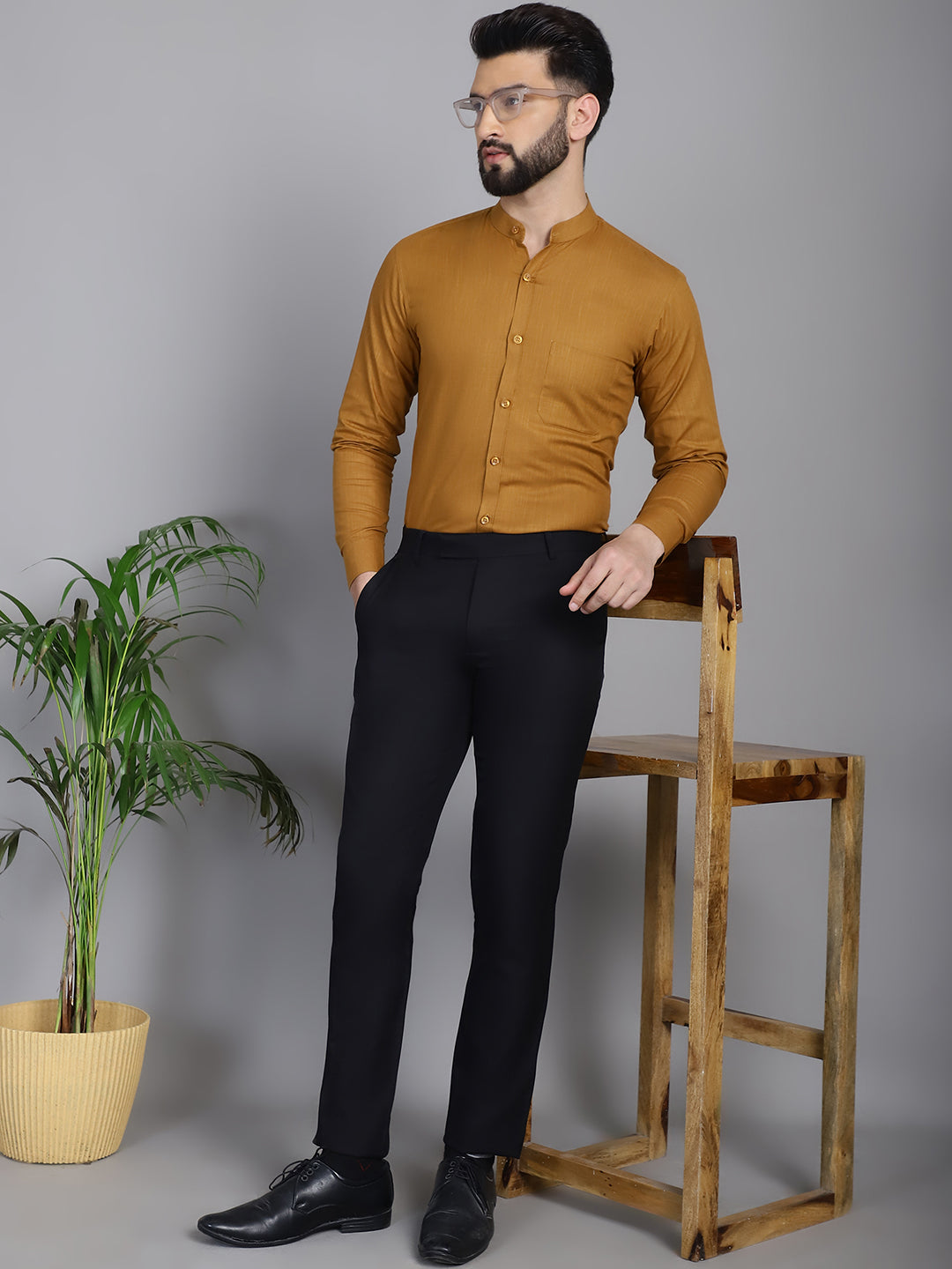 Indian Needle Men's Cotton Solid Formal Shirt - Mustard | Swadesiicart