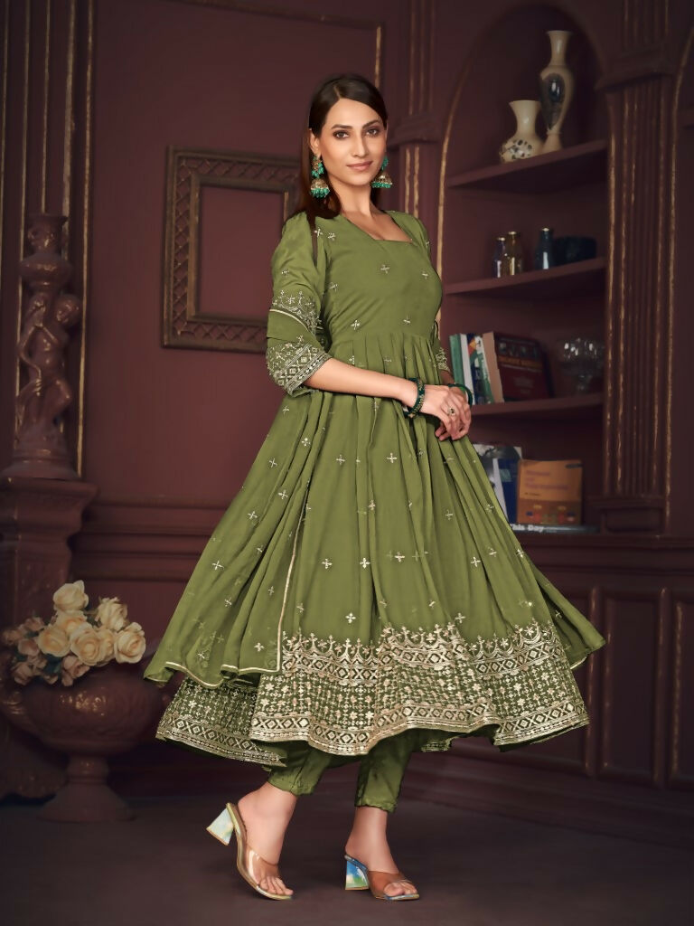 Jyoti Fashion Women's Olive Green Georgette Embroidered Anarkali Kurta Pant Set With Dupatta | Swadesiicart