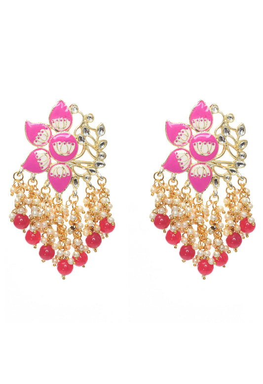 Mominos Fashion Johar Kamal Gold-Polished Kundan Pink Meenakari Earrings - Mominos Fashion