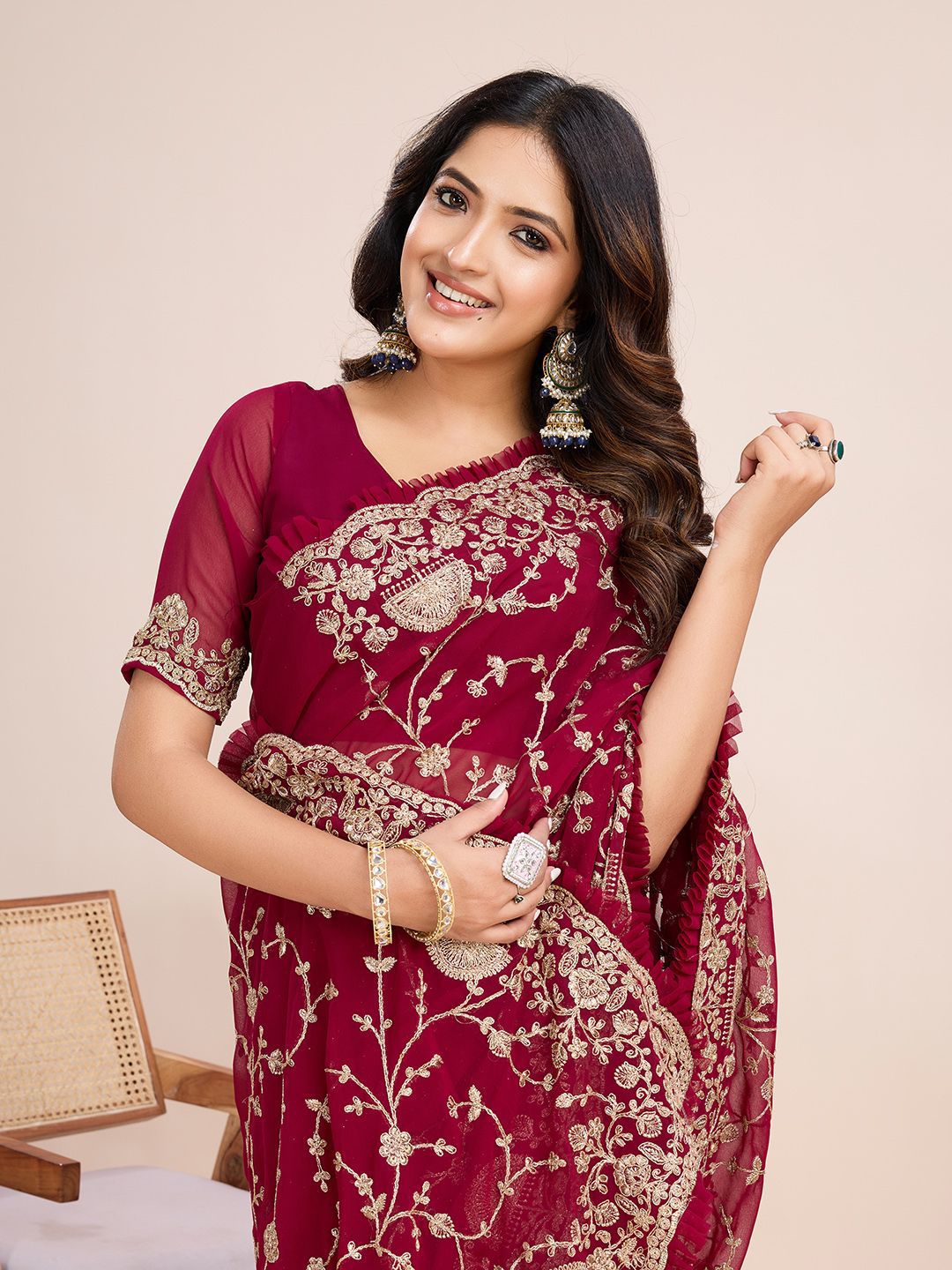 kasee Floral Embroidered Pure Georgette Ready to Wear Saree | Swadesiicart