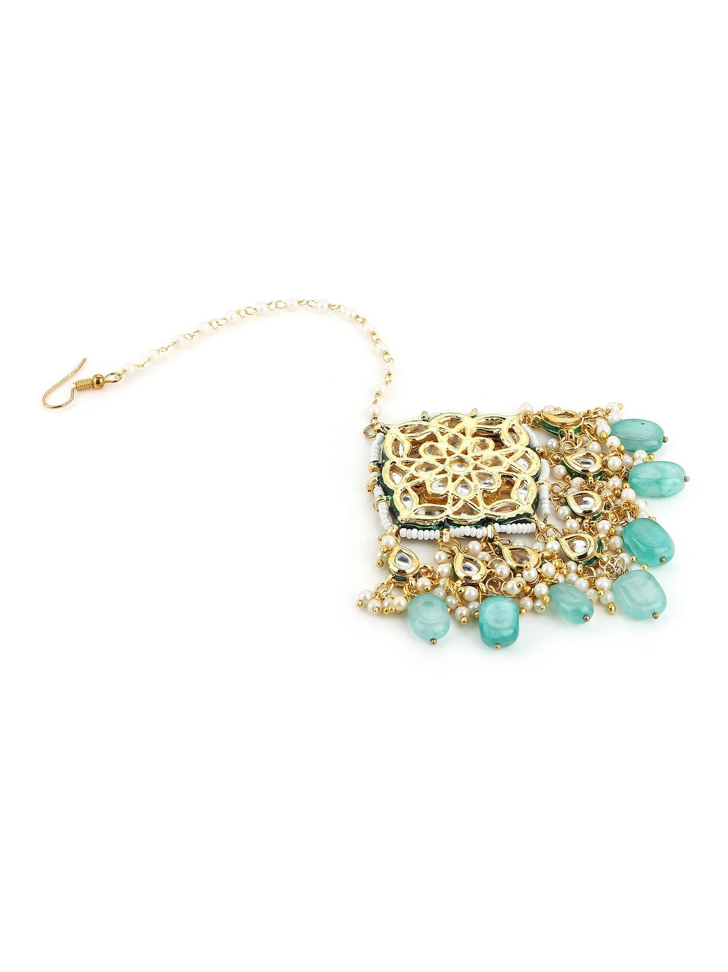 White Blue Gold-Polished Kundan-Studded Beaded Maang Tikka - Ruby Raang | Swadesiicart