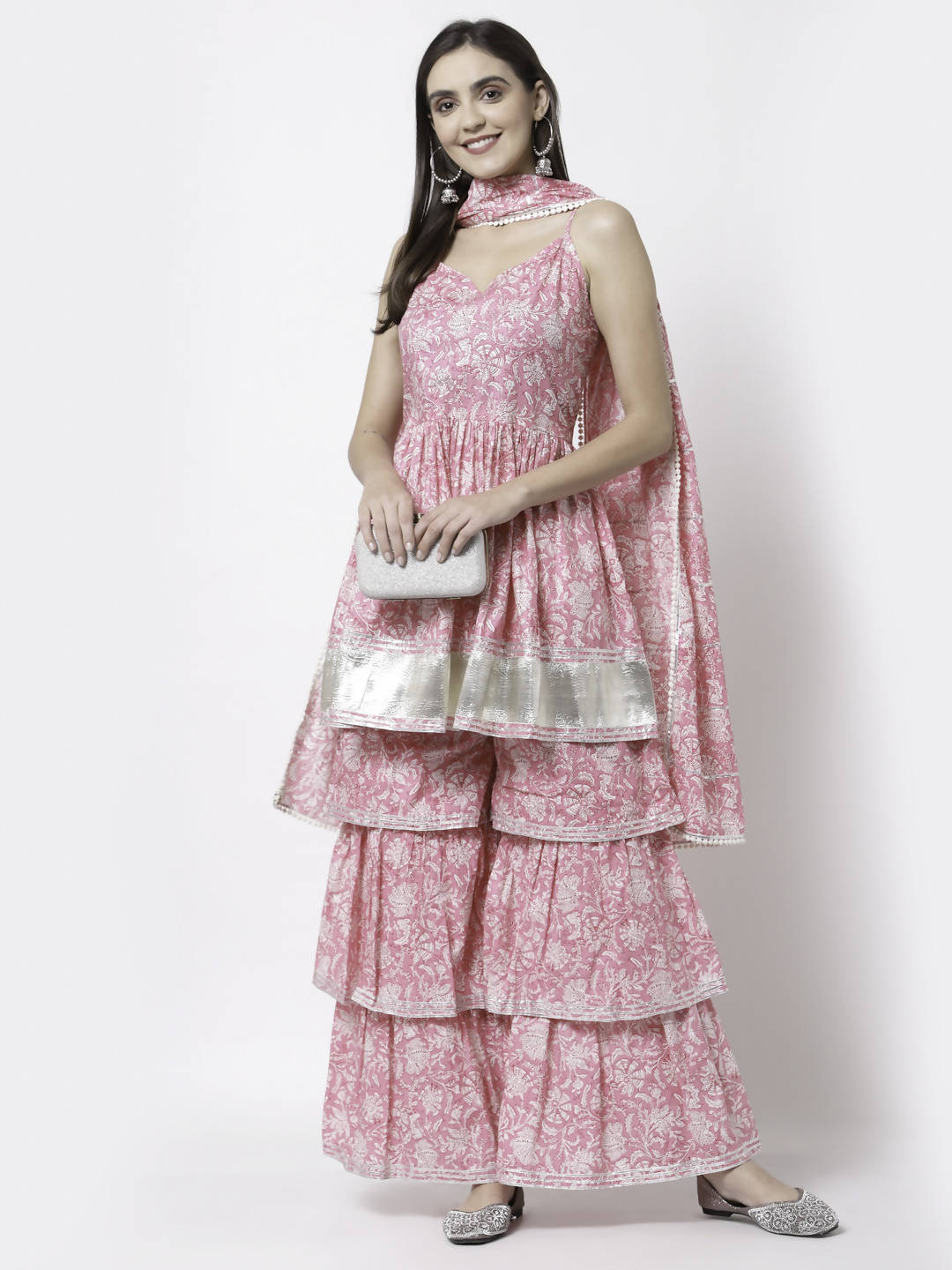 Myshka Women Pink Pure Cotton Printed Sleeveless Round Neck Kurta With Sharara & Dupatta Set | Swadesiicart